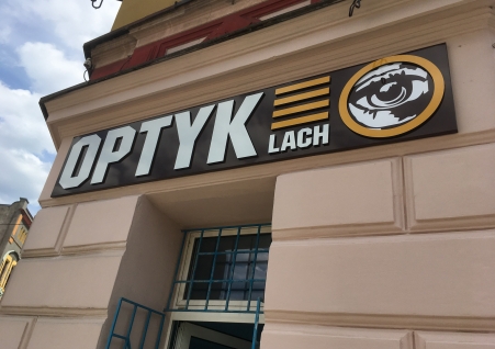 Optyk Lach - logotyp 3D, szyld wraz z literami 3D, projekt, produkcja i montaż reklam